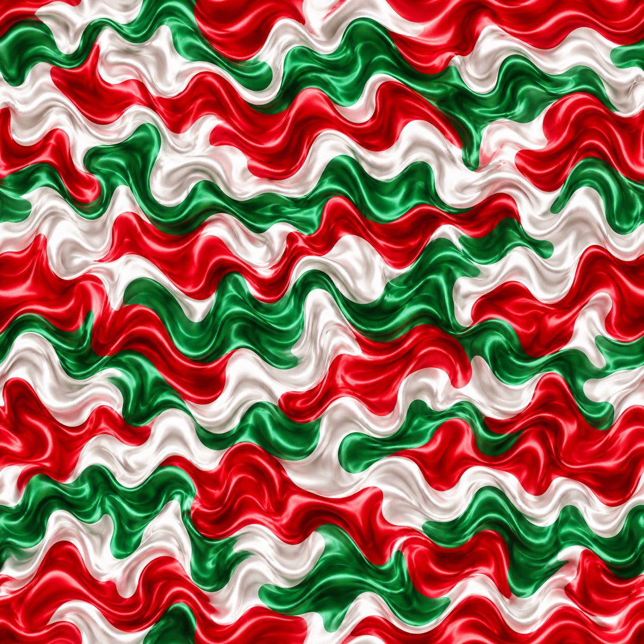 Mexican fiesta fabric print for scrub cap, red white and green satin wave design closeup