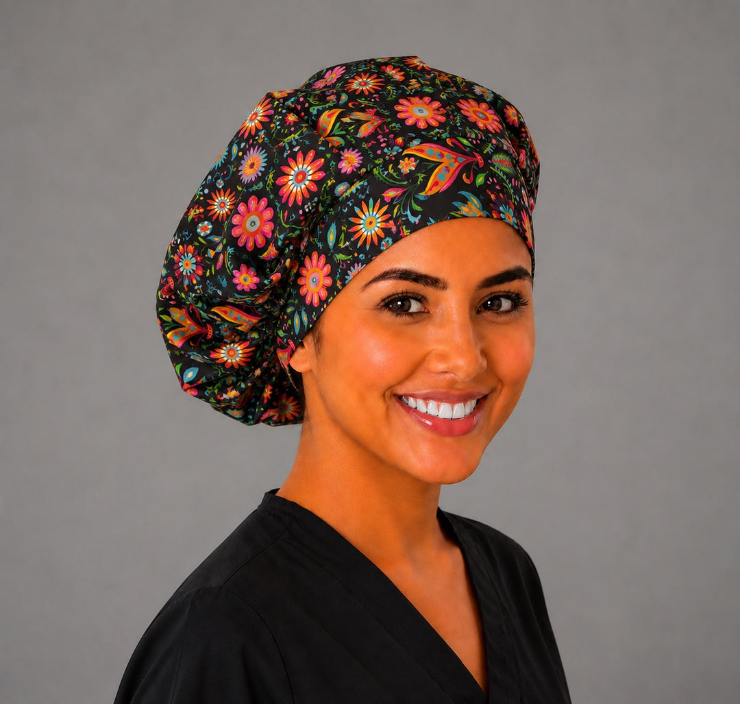 Three-quarter view of Mexican fiesta floral bouffant scrub cap for women, adjustable surgical hat handmade in the USA