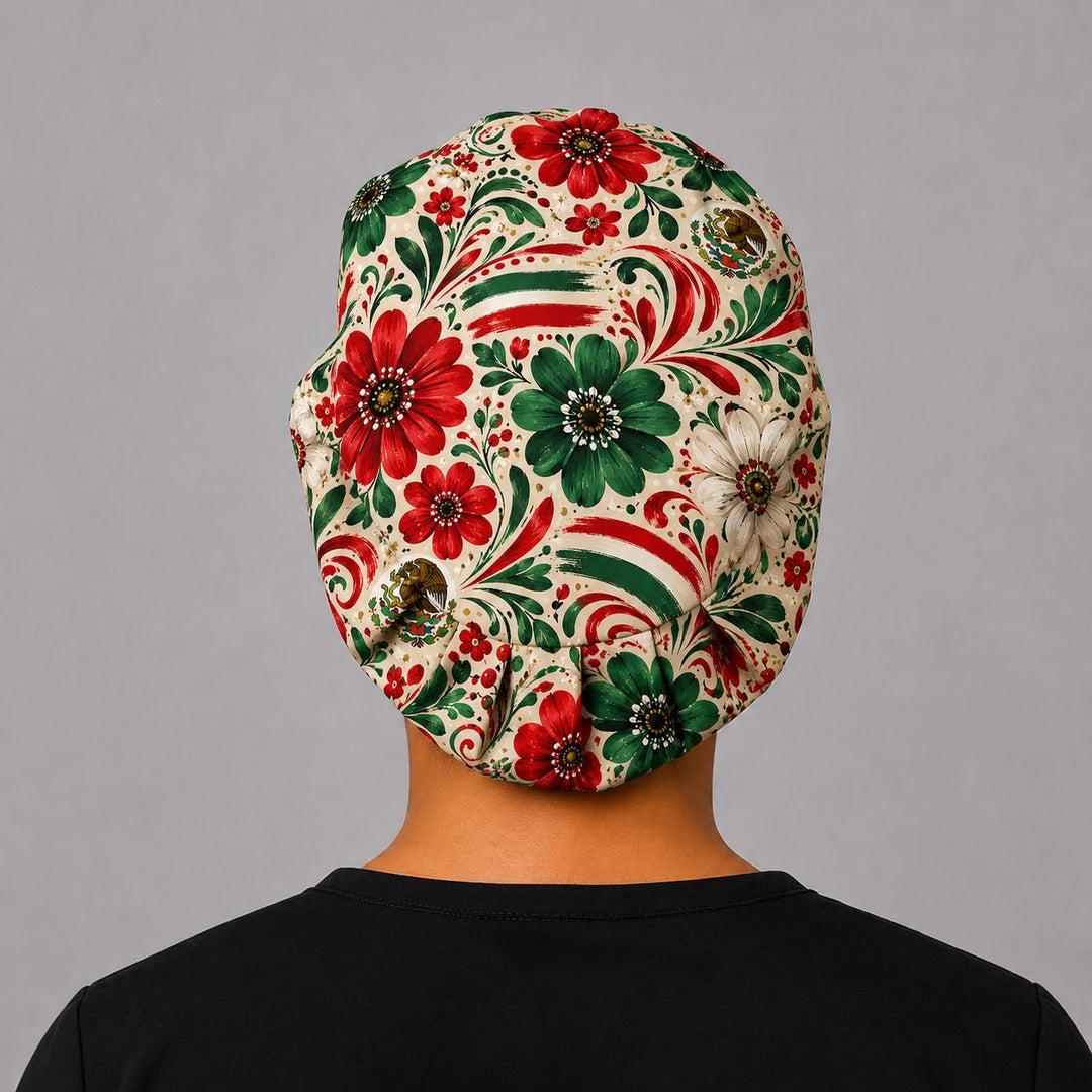 Back view of Mexican floral euro scrub cap showing full coverage and elastic gathered back — handmade-in-USA surgical hat.