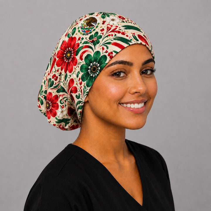 Three-quarter view of Mexican floral euro scrub cap — handmade-in-USA adjustable surgical hat for women, OR cap for nurses and surgeons.