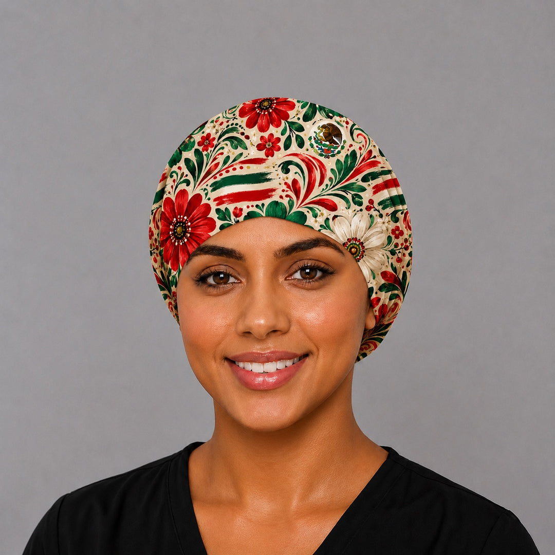 Mexican fiesta floral euro scrub cap, front view on a model — red, green and white folk-art surgical hat for OR nurses, handmade in USA by OR World.