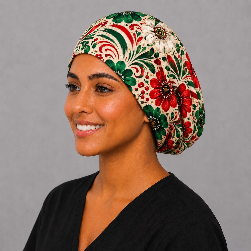 Mexican fiesta floral euro scrub cap with white daisy detail — handmade USA surgical hat, festive gift for nurses and surgical techs.