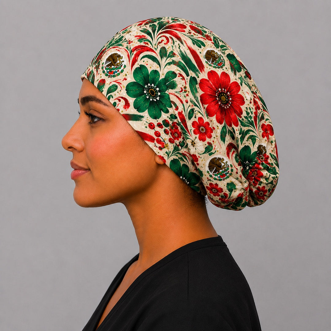 Side profile of Mexican floral euro scrub cap — handmade-in-USA OR World adjustable surgical hat for women.