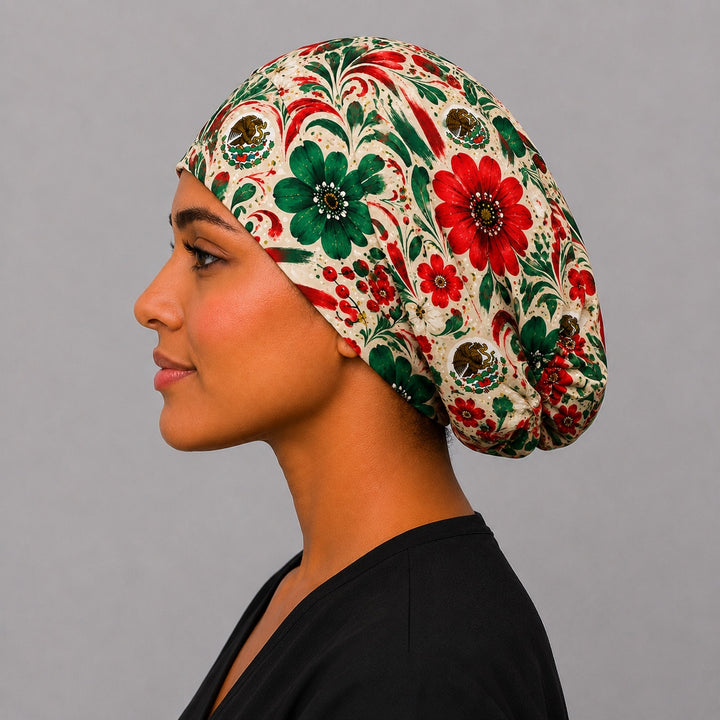 Side profile of Mexican floral euro scrub cap — handmade-in-USA OR World adjustable surgical hat for women.