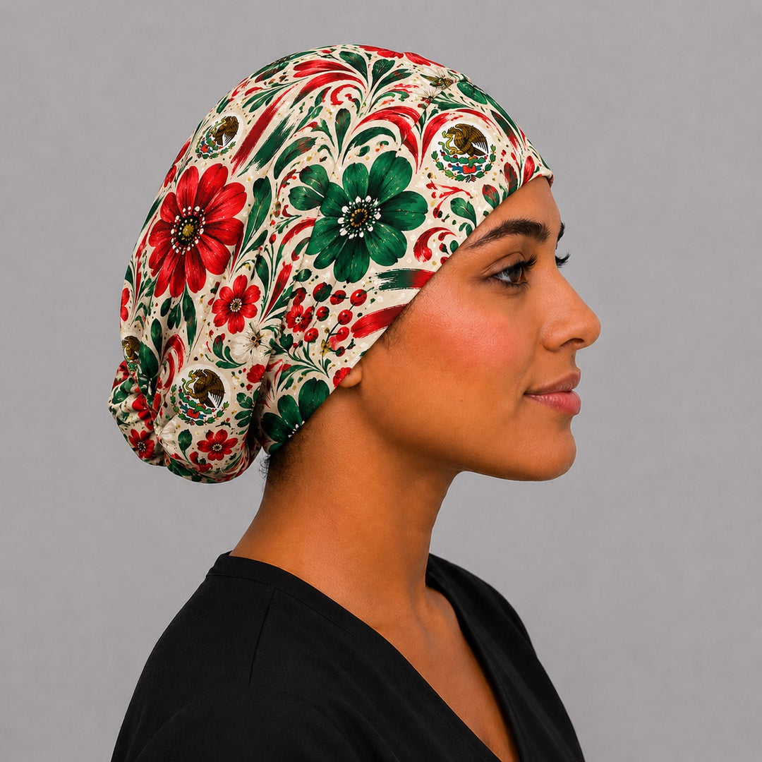 Side view of red-green-and-white Mexican fiesta euro scrub cap on a model — adjustable handmade USA surgical hat for OR nurses.