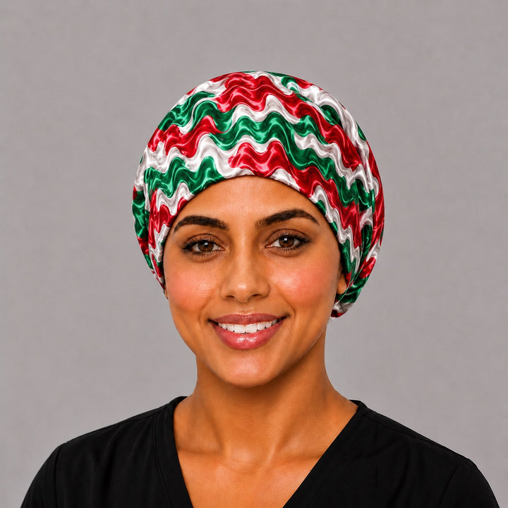 Mexican scrub cap euro surgical hat front view, festive Mexico print for Latina nurses and surgical techs