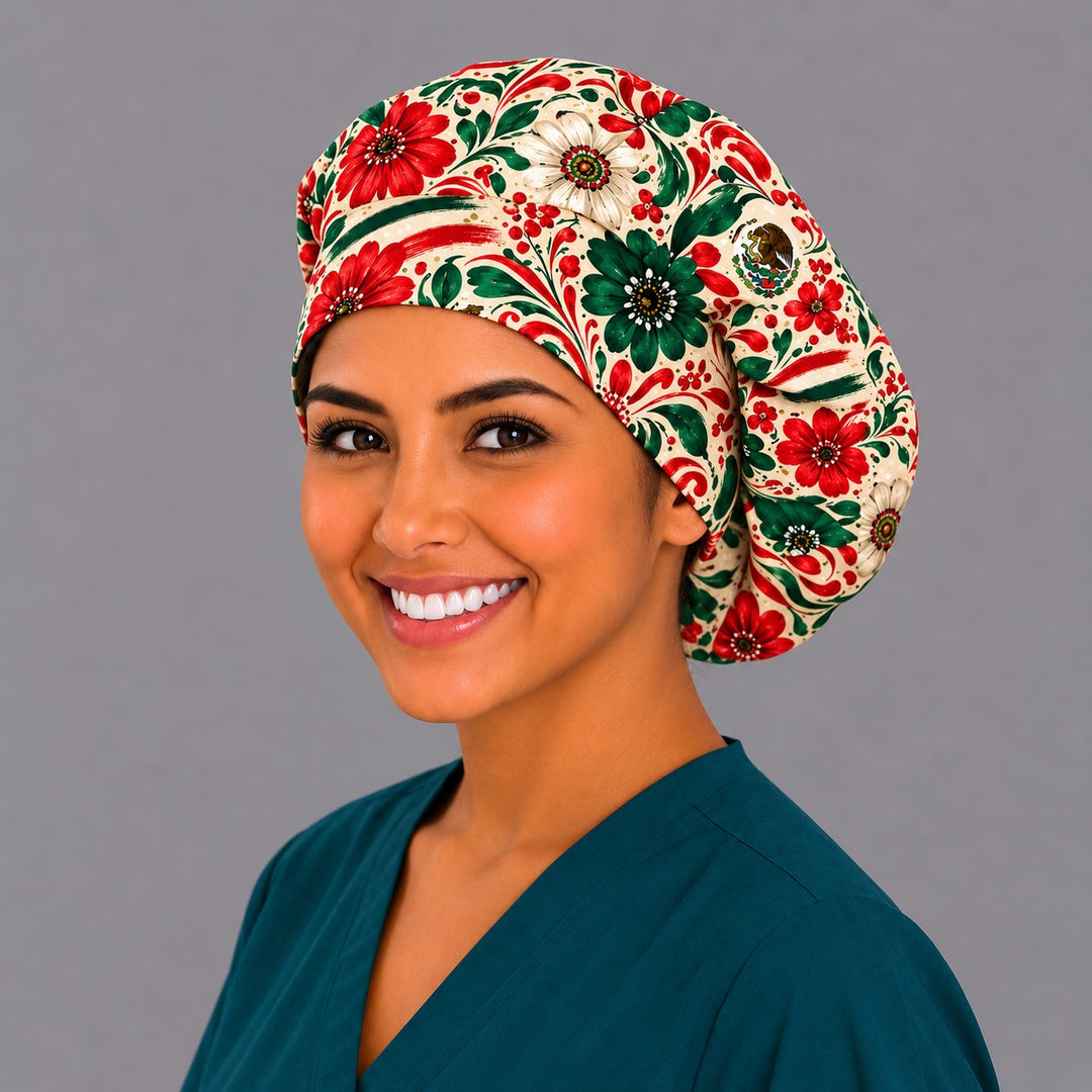 Mexican flag floral bouffant scrub cap, left three-quarter view, red green and white surgical hat with escudo eagle for thick and curly hair
