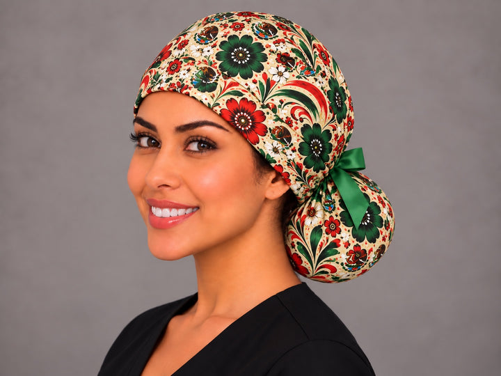 Mexican eagle floral ponytail scrub cap, left three-quarter view, red green and white Mexico flag surgical hat for long hair with green bow