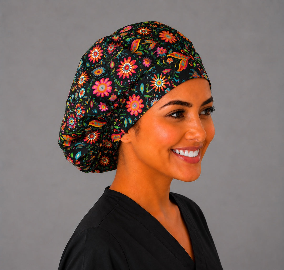 Side profile of Mexican floral black bouffant scrub cap for women, adjustable surgical hat for Latina OR nurses