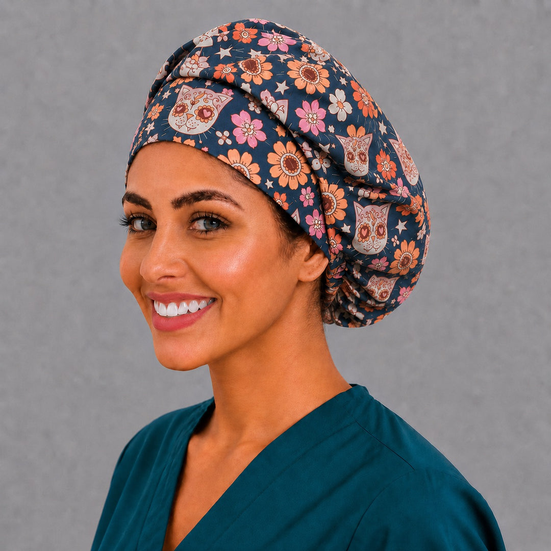 Mexican floral cat bouffant cap for women, left angled view — handmade sugar skull cat surgical cap, USA made