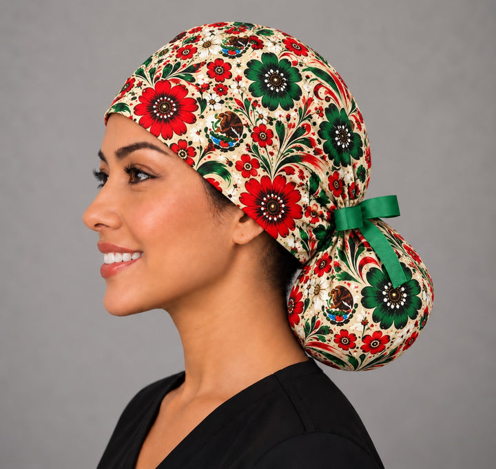 Left profile of the Mexican floral ponytail cap showing the roomy pouch for long, thick or curly hair