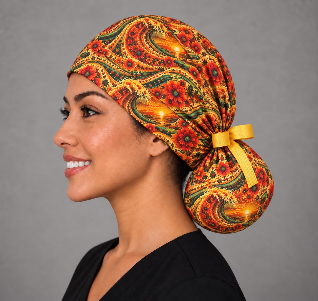 Mexican floral ponytail scrub cap, right side profile — roomy gathered pouch holding a long ponytail or bun