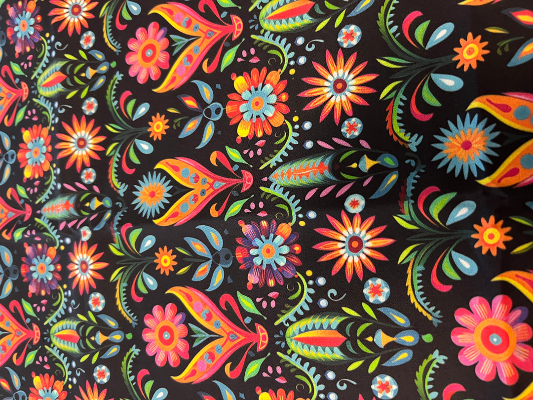 Mexican floral talavera black fabric swatch, colorful folk-art flowers scrub cap print detail
