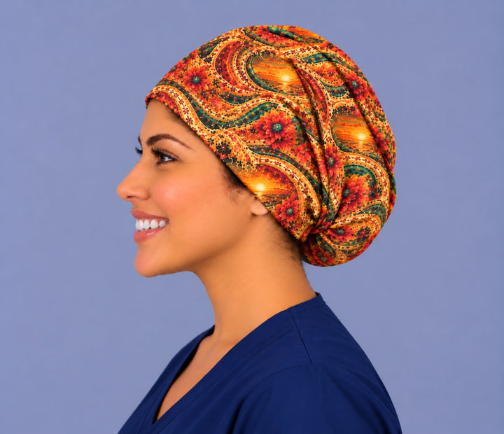 Mexican floral wave Euro cap, left side profile — handmade marigold and dahlia print surgical cap, USA made