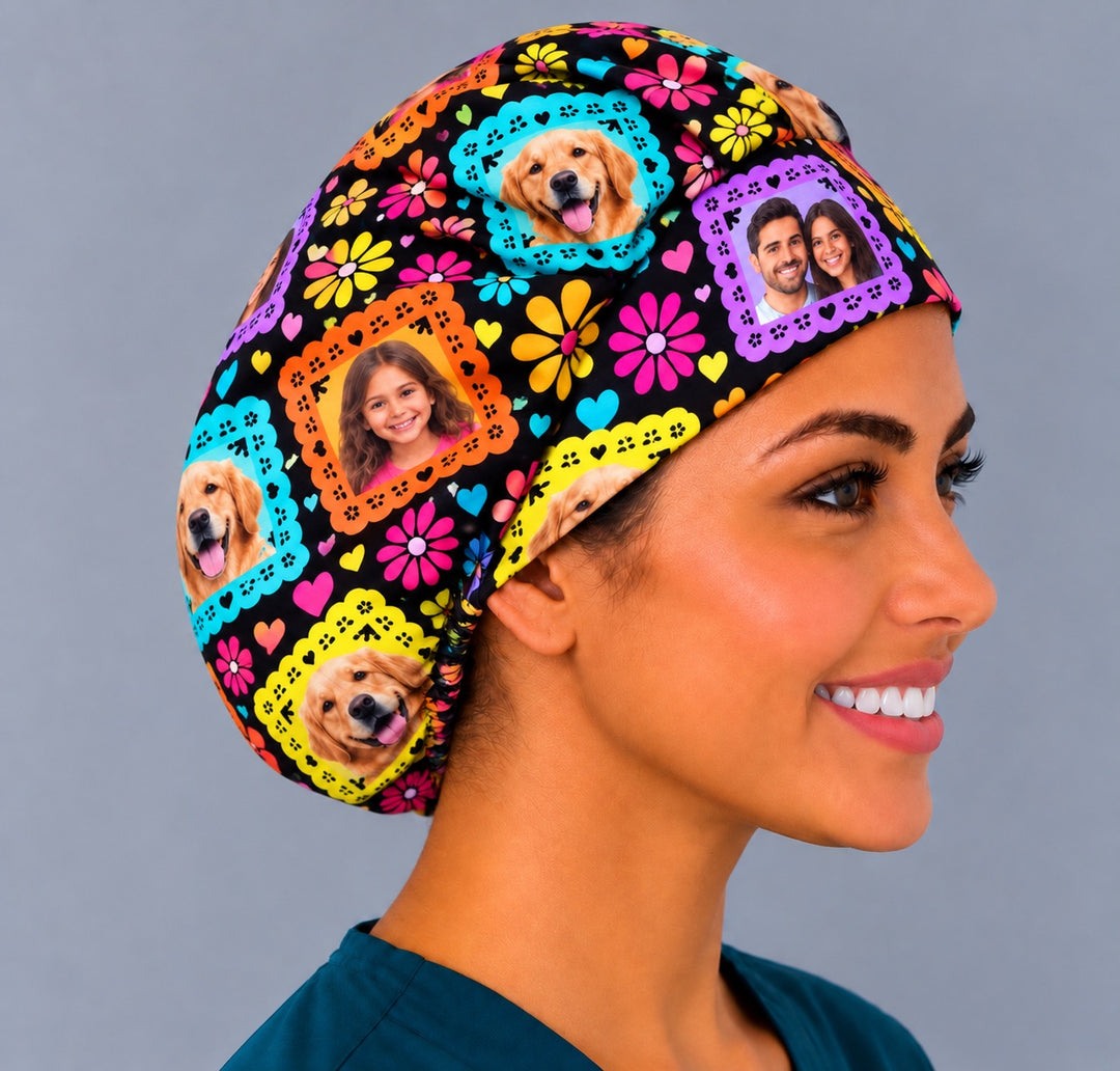 Right side profile of a Mexican folk art photo scrub hat, showing the full bouffant volume and the elastic gathered at the nape