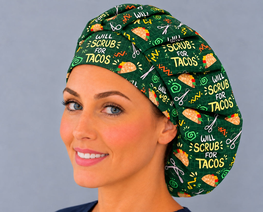 Three-quarter angle of a smiling healthcare worker in a Mexican food humor bouffant, with tacos and surgical scissors shown at true print scale
