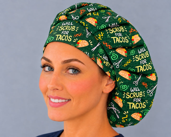 Three-quarter angle of a smiling healthcare worker in a Mexican food humor bouffant, with tacos and surgical scissors shown at true print scale