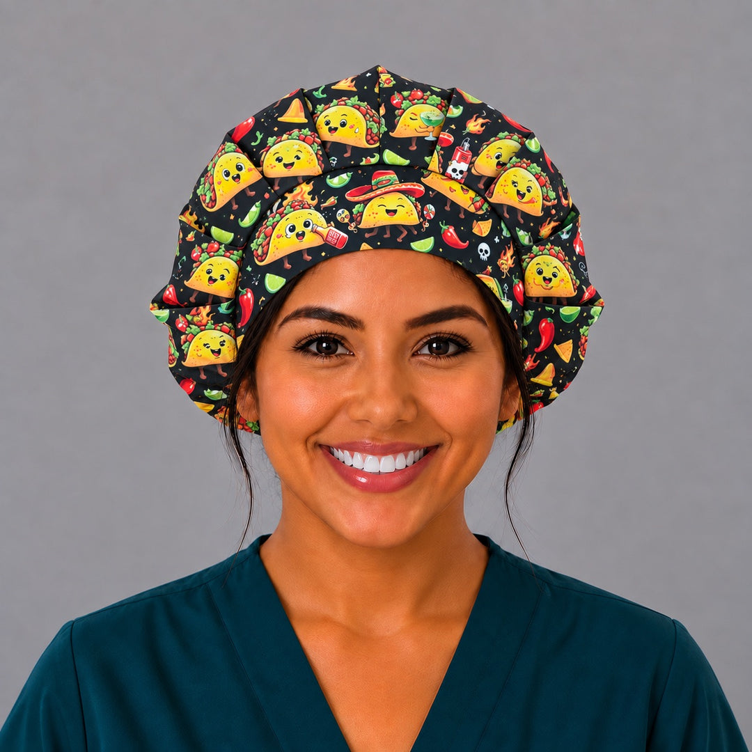 Mexican food taco bouffant, left side profile — elastic gathered back that secures long, thick or curly hair