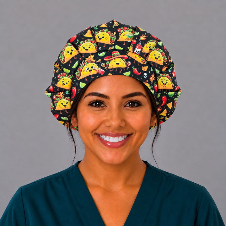 Mexican food taco bouffant, left side profile — elastic gathered back that secures long, thick or curly hair