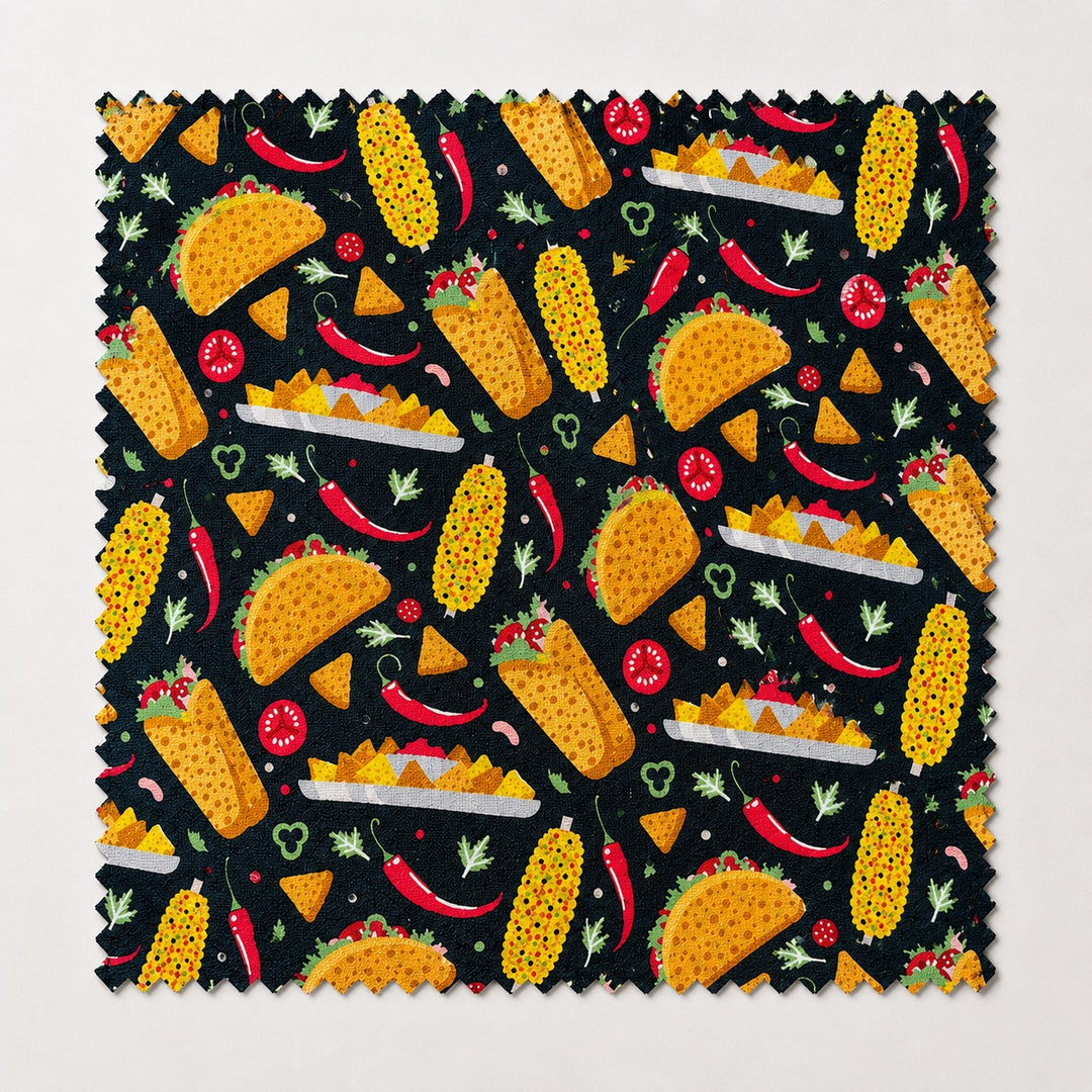 Fabric swatch of the Mexican food scrub cap print — tacos, burritos, nachos, grilled corn and red chili peppers on charcoal cotton