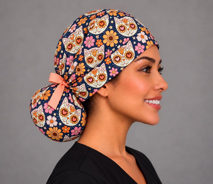 Right profile of the Mexican gato ponytail surgical cap, flat front band and roomy pouch for thick or curly hair, women-owned OR World