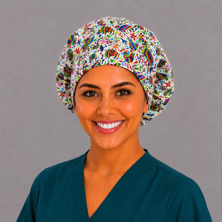 Mexican Otomí colorful animals bouffant scrub cap for women, front view on nurse, adjustable fiesta surgical hat