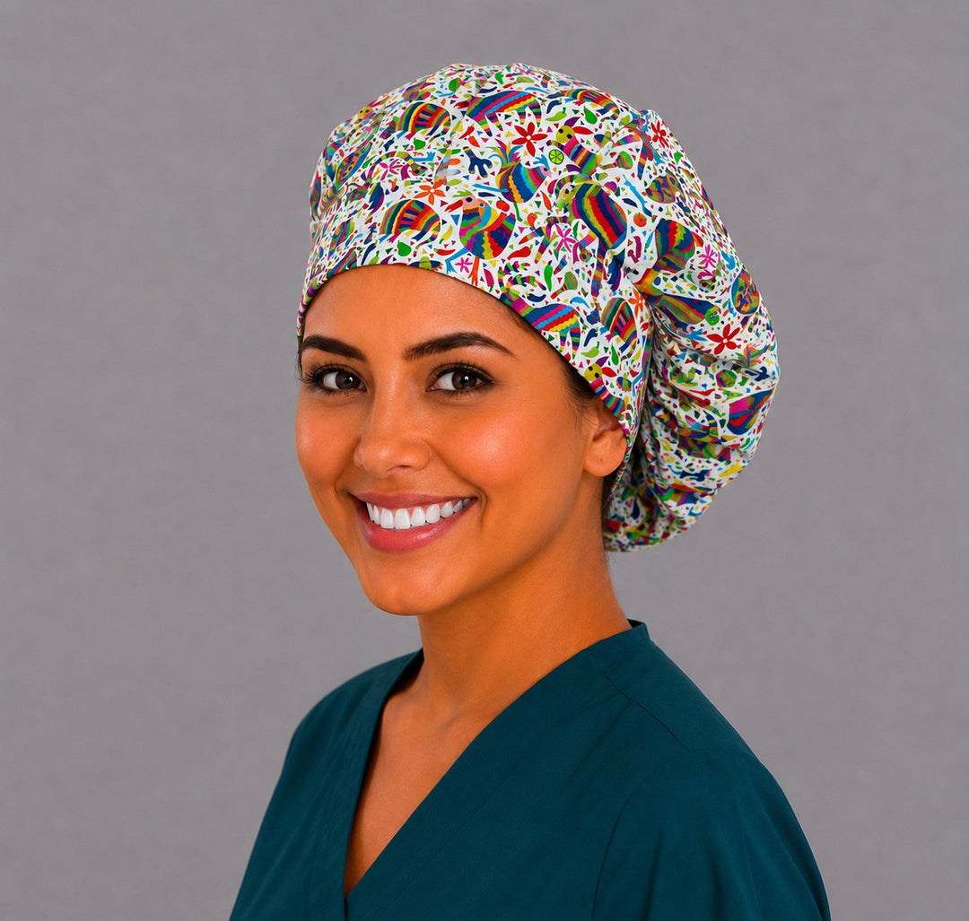 Back view of Mexican Otomí Tenango bouffant scrub cap for women, colorful rainbow animals adjustable surgical hat