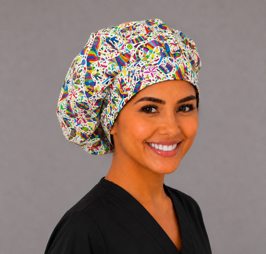 Mexican Otomí Tenango fabric swatch, colorful rainbow folk-art animals scrub cap print detail