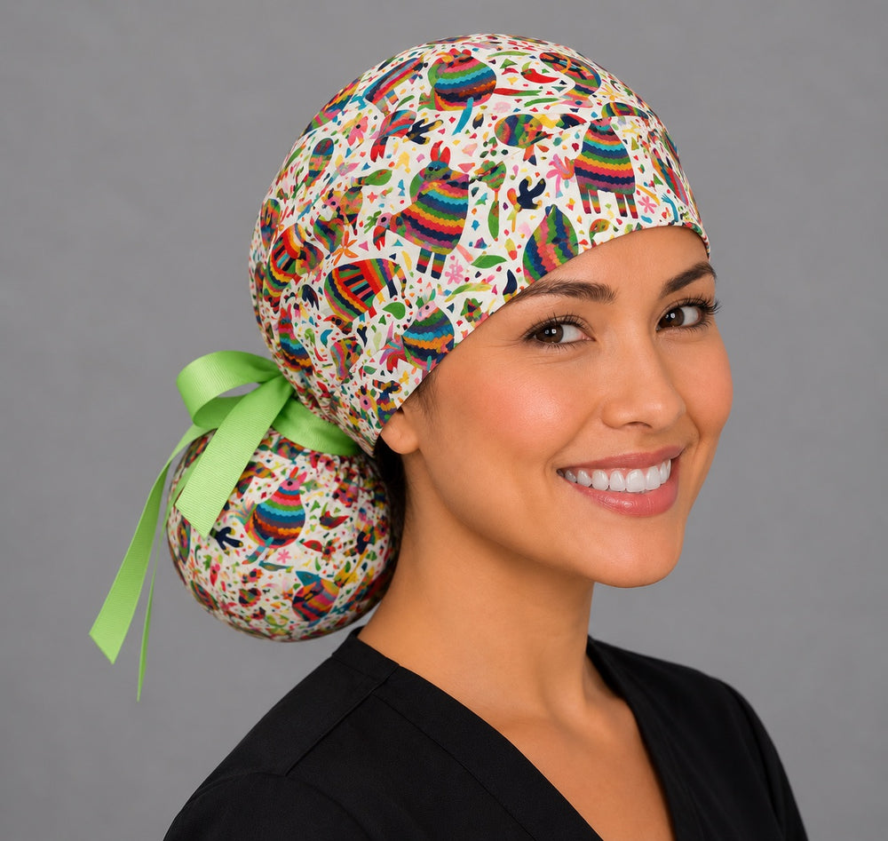 Right side profile of the Mexican piñata ponytail surgical hat — deep ponytail pouch with lime green bow, breathable cotton cap for nurses