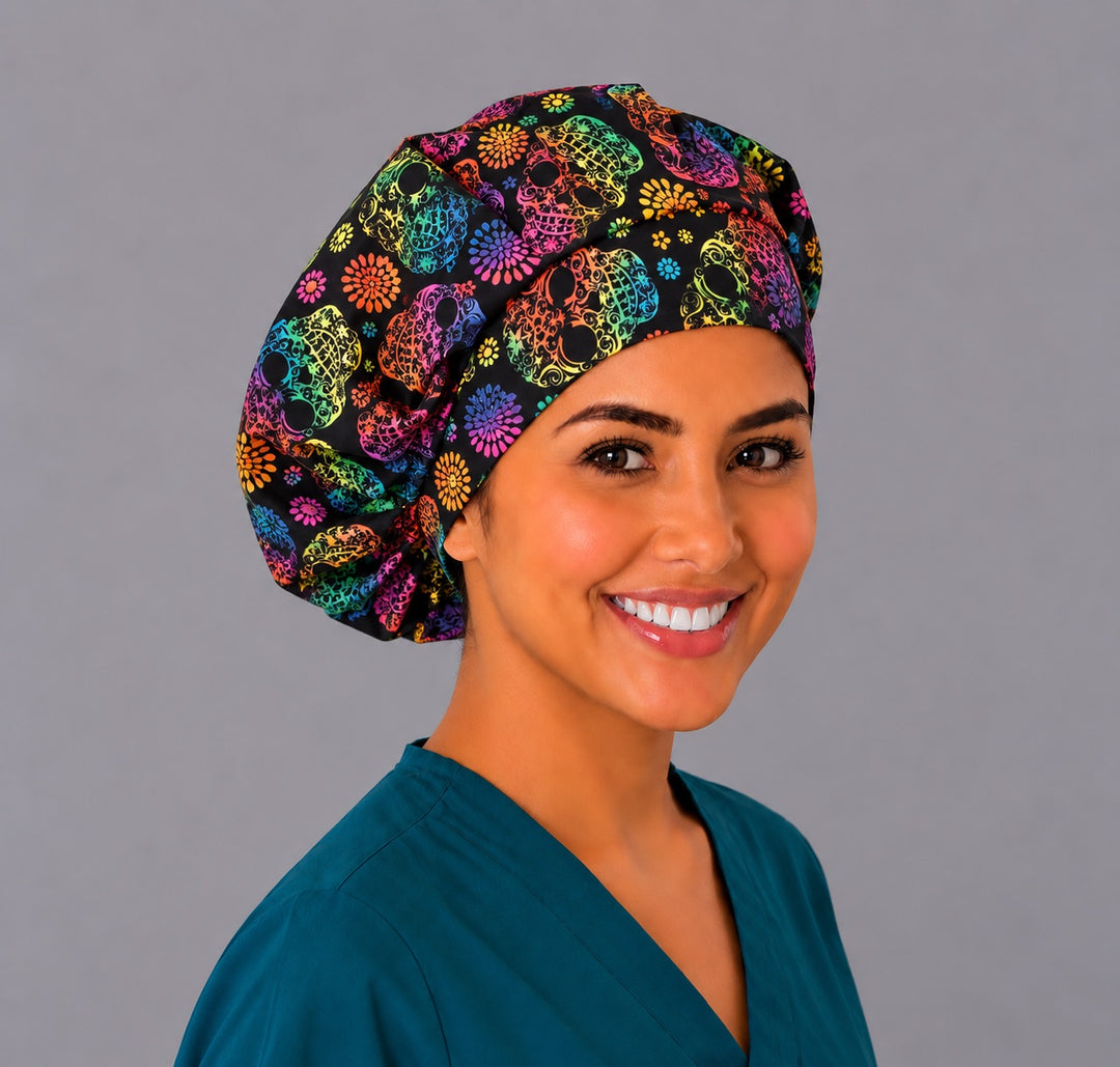 Mexican rainbow skull bouffant cap for thick hair, right three-quarter view, gorro quirúrgico de calaveras arcoíris handmade in USA