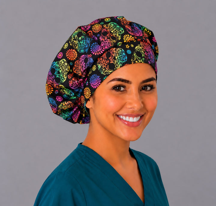 Mexican rainbow skull bouffant cap for thick hair, right three-quarter view, gorro quirúrgico de calaveras arcoíris handmade in USA