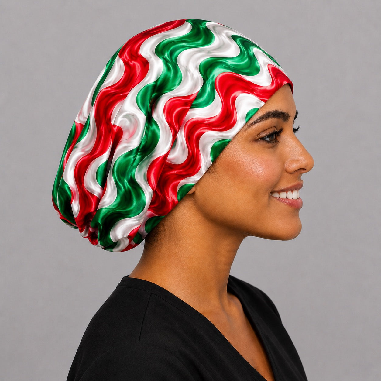 Mexican scrub cap euro surgical hat side profile, red white green fiesta print handmade in USA