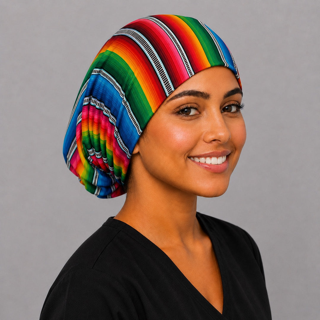 Mexican serape fabric print for scrub cap, rainbow sarape blanket stripe design closeup
