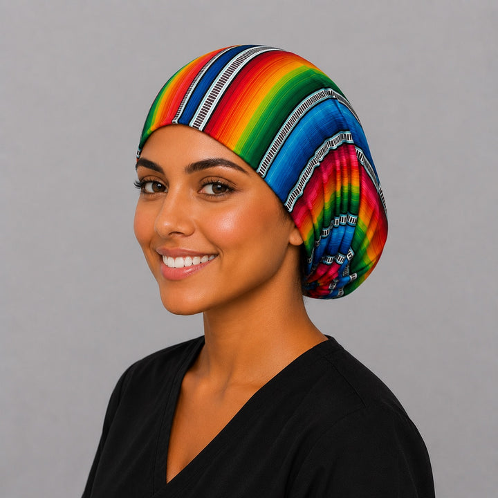 Mexican serape euro scrub cap angle view, colorful sarape stripe surgical hat for Latina nurses and surgical techs