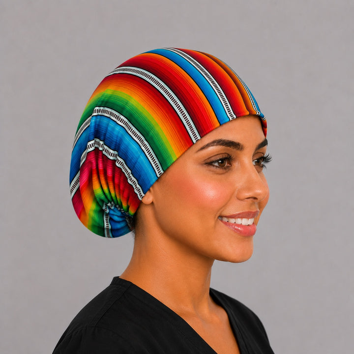 Mexican serape euro scrub cap with optional satin lining, surgical hat for women with curly and natural hair