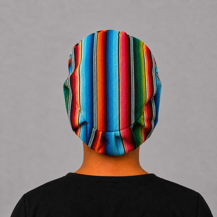 Mexican serape scrub cap euro surgical hat back view with adjustable elastic for full hair coverage
