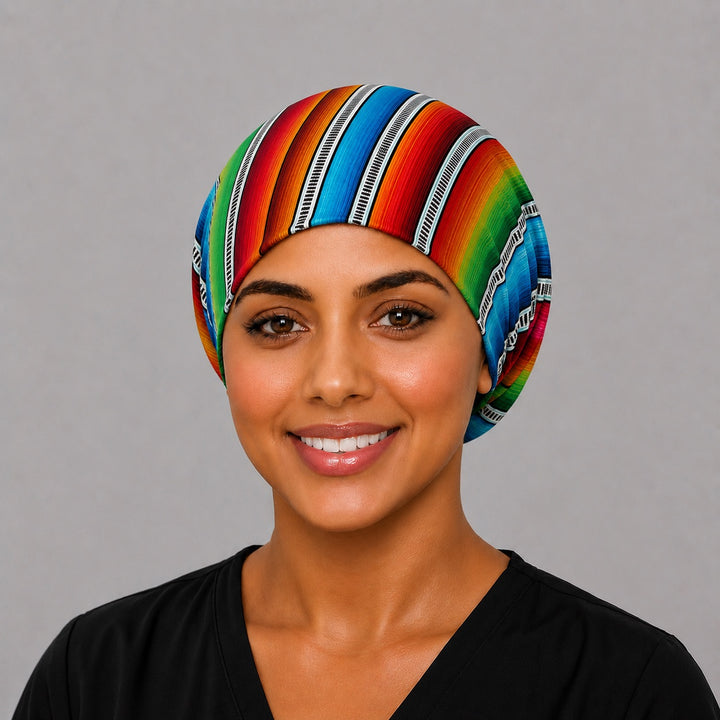 Mexican serape euro scrub cap for women, handmade in USA surgical hat in rainbow Mexican blanket stripe for nurses