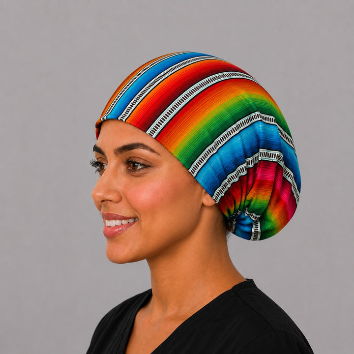 Mexican serape scrub cap euro surgical hat side profile, Mexican blanket stripe handmade in USA