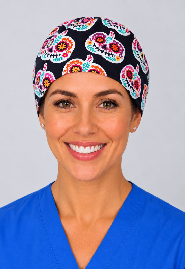 Mexican sugar skull Halloween scrub cap in straight front view, black calavera pumpkin surgical hat for short hair