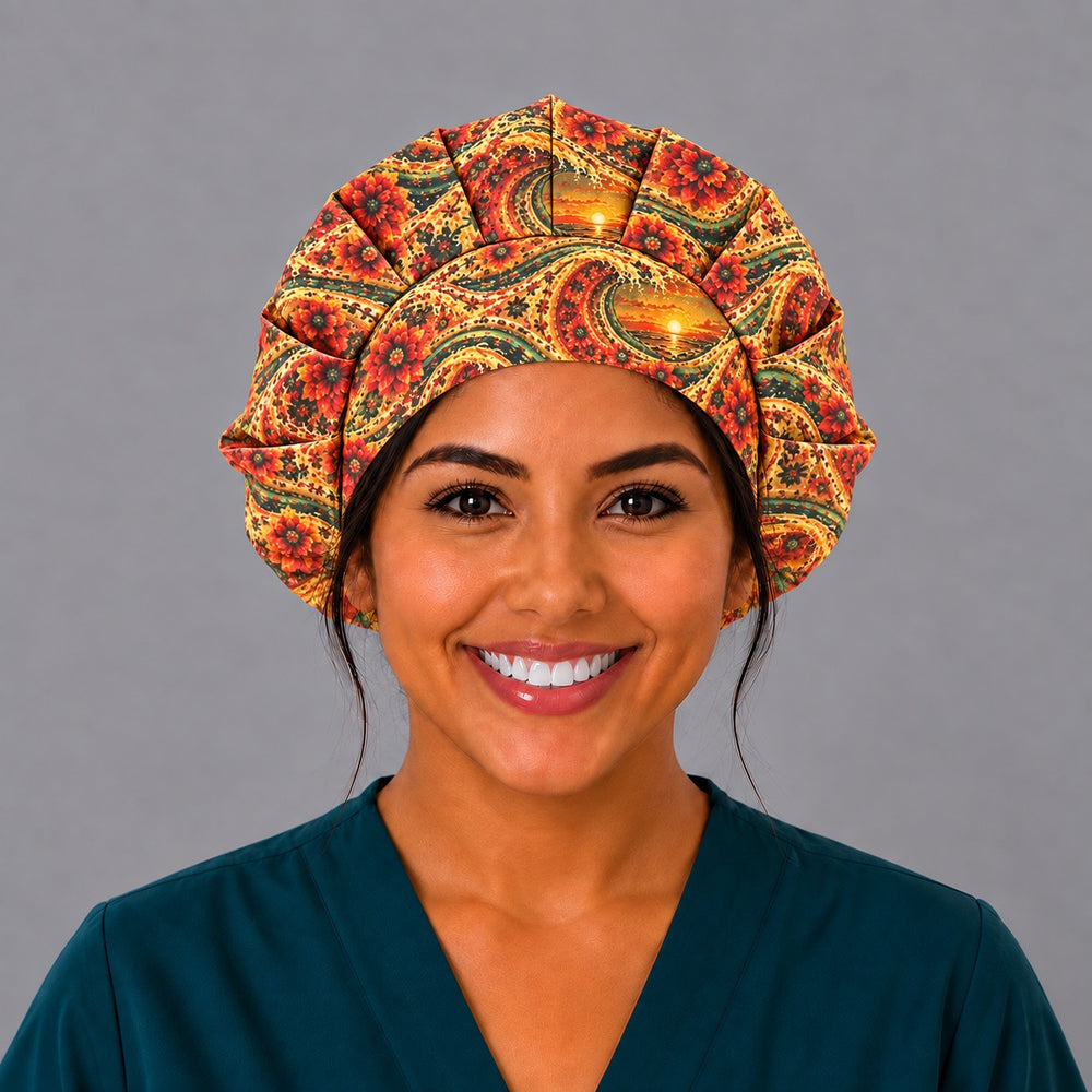 Woman wearing a Mexican sunset bouffant scrub cap, front view — pleated crown with gold waves, orange sunsets and red dahlias