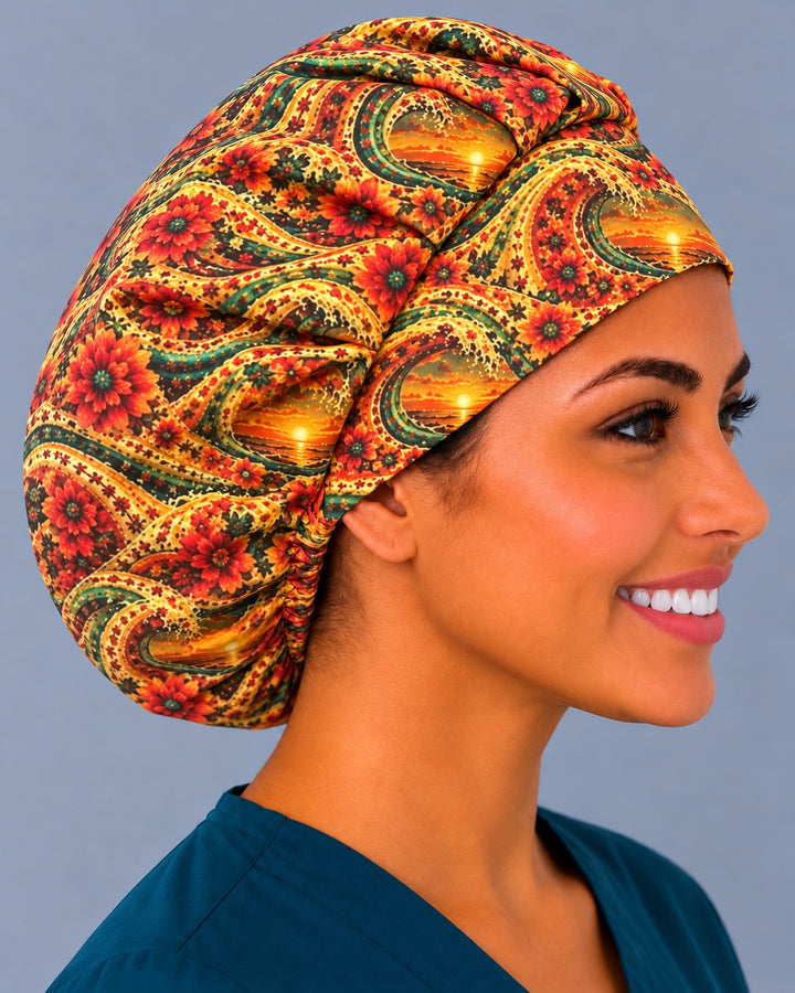 Right side profile of the Mexican sunset bouffant surgical hat — roomy gathered crown with elastic back for long hair