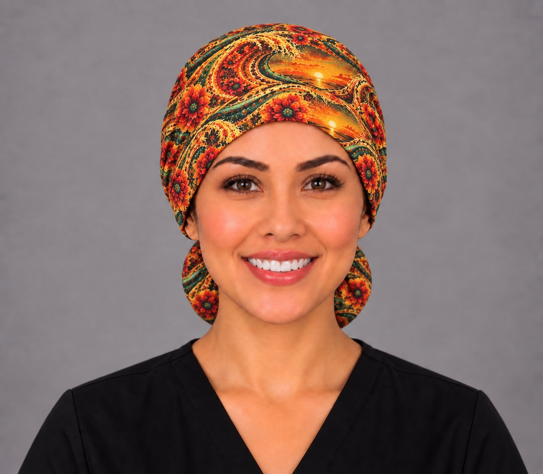 Back view of the Mexican sunset ponytail cap — close-up of the gold grosgrain bow tie gathering the pouch