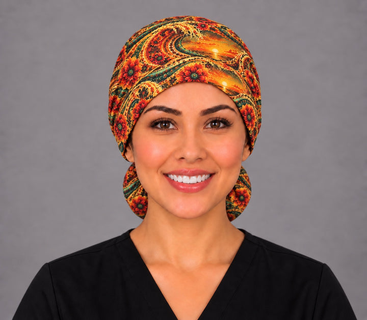 Back view of the Mexican sunset ponytail cap — close-up of the gold grosgrain bow tie gathering the pouch