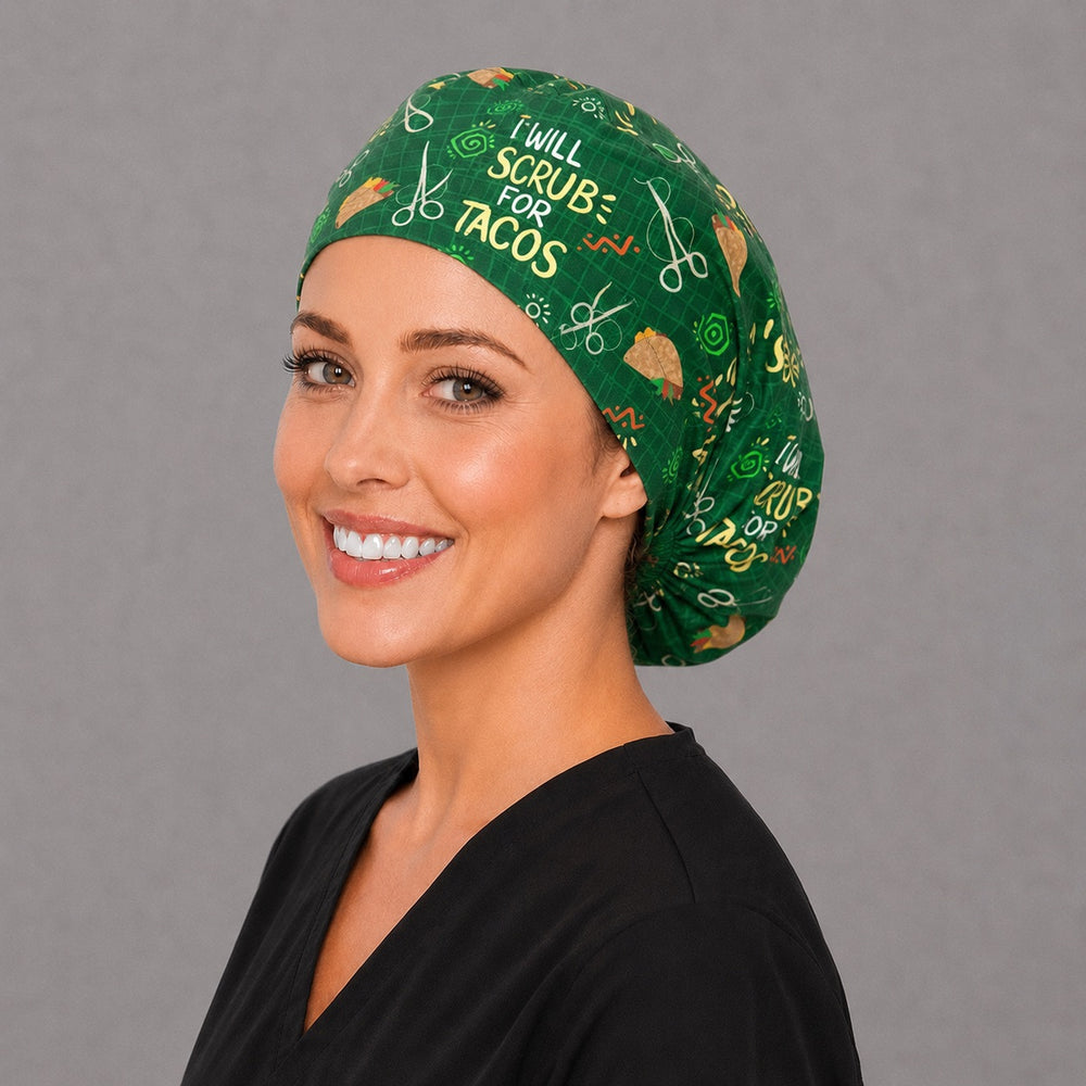 Mexican taco Euro surgical cap, left angled view — elastic adjustable back with full head coverage