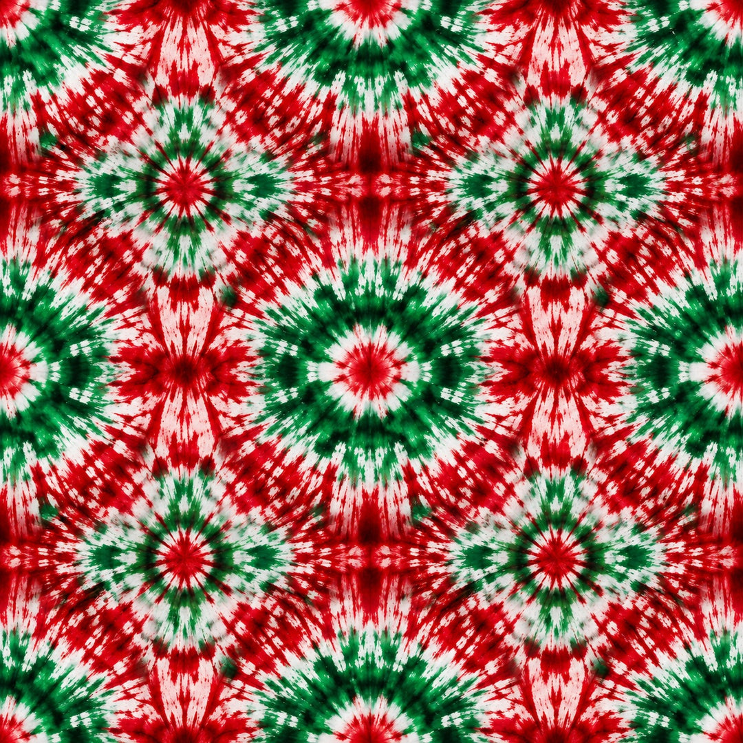 Mexican tie-dye fabric print for scrub cap, red green and white kaleidoscope burst design closeup