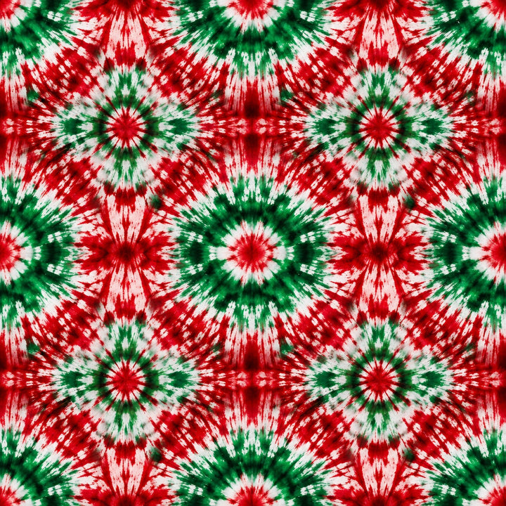 Mexican tie-dye fabric print for scrub cap, red green and white kaleidoscope burst design closeup