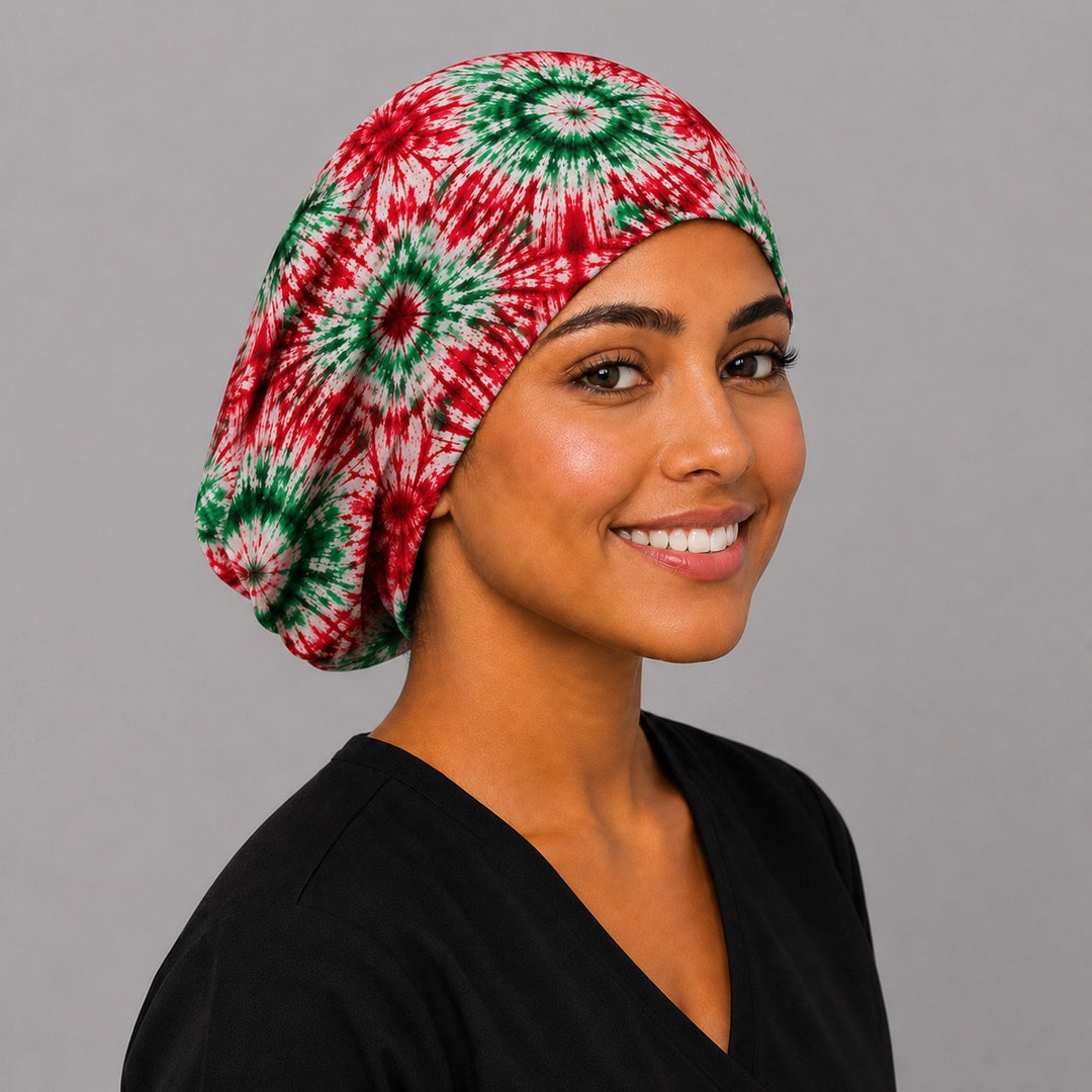 Mexican tie-dye euro scrub cap angle view, festive red green white surgical hat for Latina nurses and surgical techs