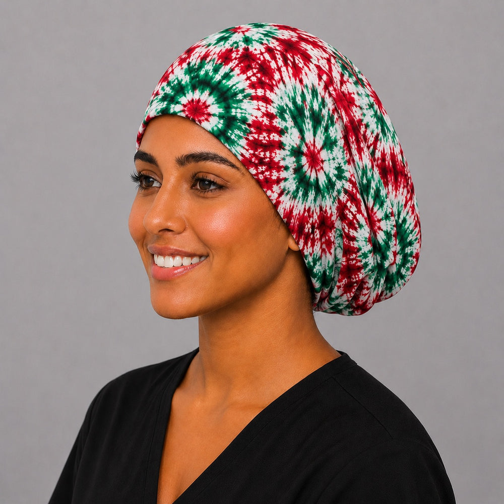 Mexican tie-dye euro scrub cap for women, handmade in USA surgical hat in red green and white burst print for nurses