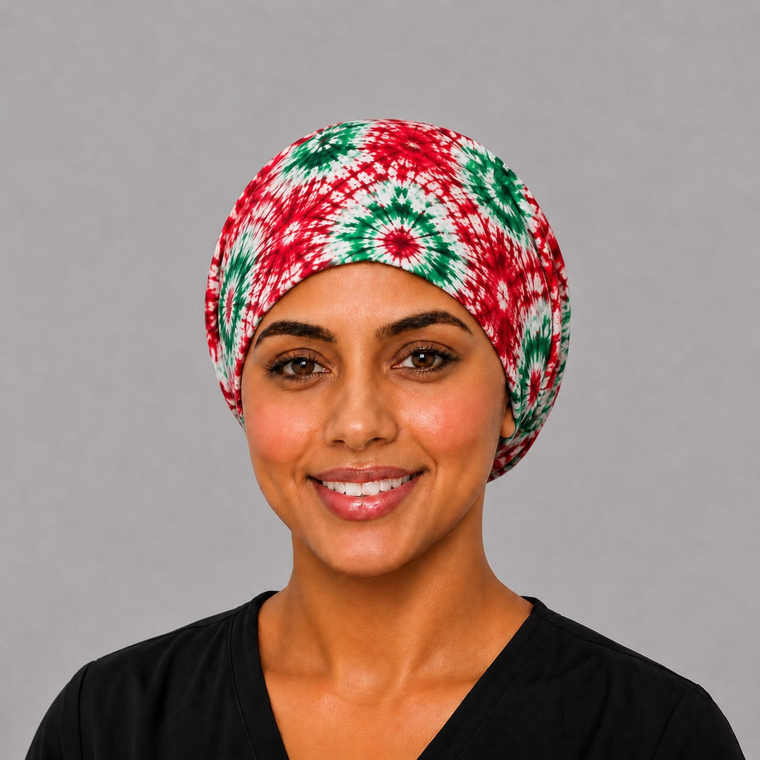 Mexican tie-dye scrub cap euro surgical hat front view, festive holiday and Mexico print