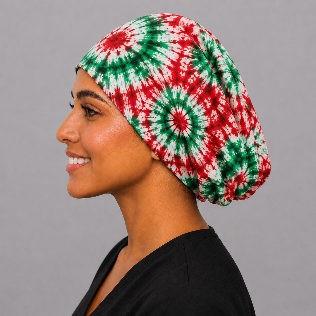 Mexican tie-dye scrub cap euro surgical hat side profile, red green white handmade in USA